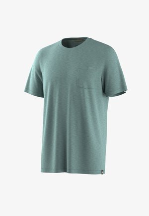T-shirt turchese a maniche corte con scollo rotondo e taschino sul petto sinistro, mostrata su sfondo bianco.