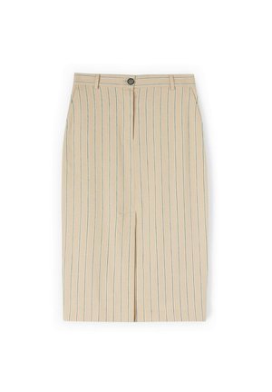 Beige nederdel til knæet med lodrette navy striber, lynlås foran, knaplukning og bæltestropper.