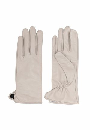 Skórzane rękawiczki w miękkim beżu z długimi palcami, marszczonym detalem wokół nadgarstka oraz otworem u podstawy dla łatwego zakładania. Gładka struktura, bez widocznych wzorów.