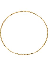 Gold-tone chain necklace featuring a twisted design. Smooth, rounded links create a flexible shape with a secure clasp.