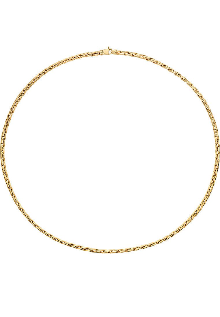 Gold-tone chain necklace featuring a twisted design. Smooth, rounded links create a flexible shape with a secure clasp.