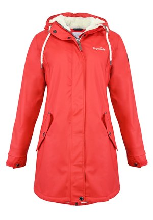 Rote wasserdichte Jacke mit kuscheligem Futter, verstellbarer Kapuze und Seitentaschen. Verfügt über einen Reißverschluss und Druckknöpfe an den Ärmeln.