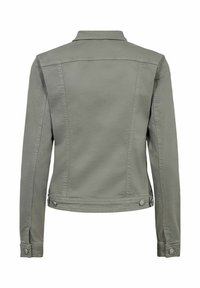 Grijze denimjack met een kraag, slim fit, zijnaad en knoopaccenten op de manchetten, met een gladde textuur en een strak ontwerp.