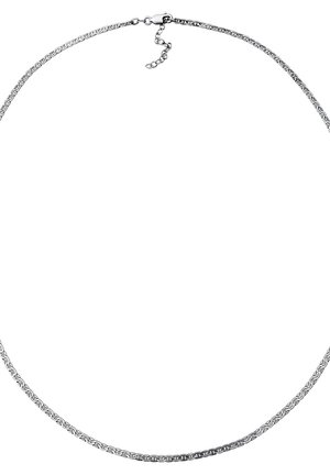 Silberne Kettenhalskette mit dekorativem Glieddesign, ausgestattet mit einem Karabinerverschluss und verstellbarer Länge durch eine Verlängerungskette.