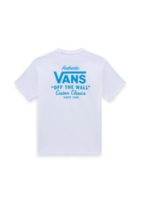 Vit bomulls t-shirt med blå grafisk text på baksidan: "Äkta VANS 'OFF THE WALL' Custom Classics Sedan 1966."