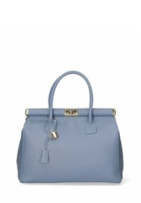 Sac à main en cuir bleu clair avec deux poignées arrondies, un fermoir doré et un petit cadenas suspendu à l’avant.