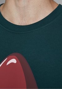 Sudadera de algodón verde con un gran diseño gráfico rojo y acentos blancos en la parte delantera. Cuello de crew ribeteado y tejido texturizado.