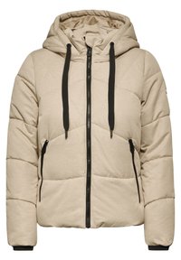 Beige polstret jakke med quiltet design, justerbare sorte snore, front lynlås og sidelommer. Glat, blød tekstur.