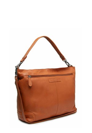 Borsa a tracolla in pelle marrone con tasca frontale con zip, tracolla staccabile e manico singolo.