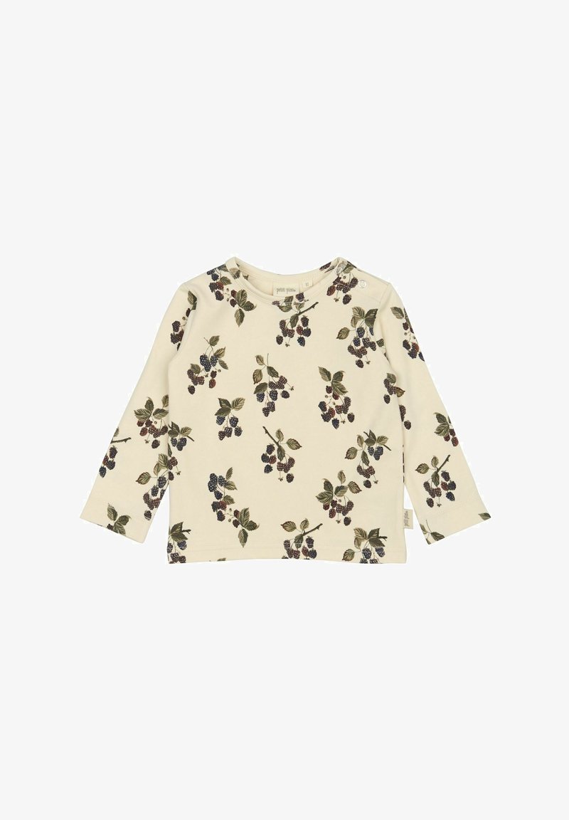 Kreminė ilgomis rankovėmis palaidinė su uogų ir lapų raštu, turinti apvalią iškirptę ir peties spaustukus, kad būtų lengviau apsirengti.