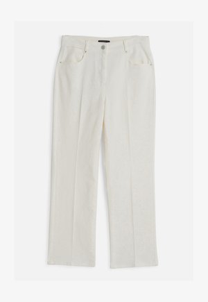 Pantalones de pierna recta color blanco roto con bolsillos delanteros, presillas para cinturón y una pretina con botón, extendidos sobre un fondo blanco.