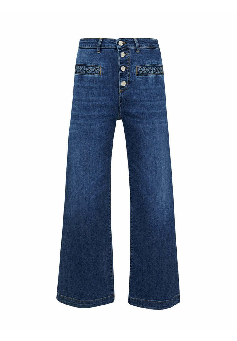Jeans z wysokim stanem w niebieskim denimu o szerokich nogawkach, z pięcioma guzikami i dwiema przednimi kieszeniami ozdobionymi haftem.