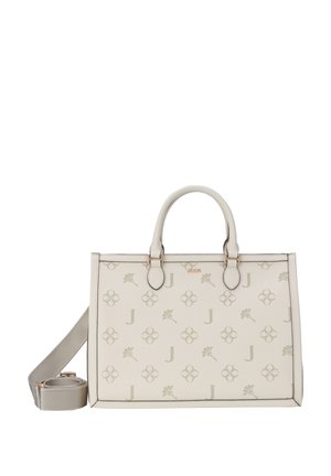Sac à main rectangulaire beige avec deux poignées supérieures, une bandoulière longue attachée et un motif subtil de fleurs et de la lettre J.