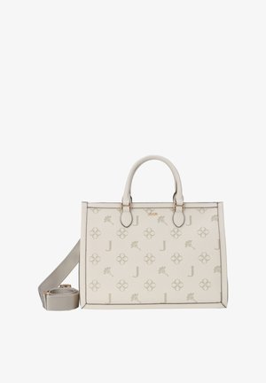 Beige rektangulær håndtaske med to top-hanke, en fastgjort lang rem og et subtilt mønster af blomster og bogstavet J.