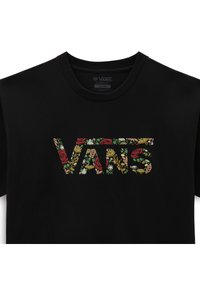Černé bavlněné tričko s kulatým výstřihem, které má mnohobarevný květinový vzor uvnitř loga "VANS". Klasický střih.
