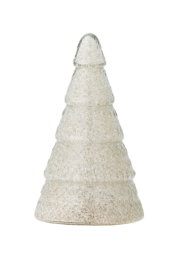 Heldere glazen kerstboomversiering met een gelaagd kegelvorm, voorzien van een textuur oppervlak en ingewikkelde diamantpatroon details.