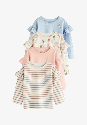 Quattro magliette a manica lunga per bambini con maniche a volant. Colori: azzurro chiaro, crema con stampa floreale, rosa e beige a righe con design di coniglio.