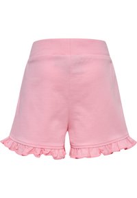 Rosa bomullsshorts med en volangkant, horisontell sömnad i midjan och en mjuk textur. Skräddarsydda för komfort och flexibilitet.