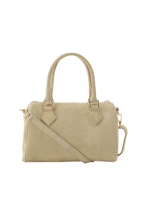 Bolso de mano de ante beige con dos asas y una correa de hombro desmontable, forma rectangular y detalles en tono dorado.