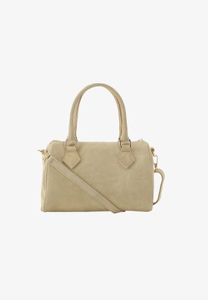 Bolso de mano de ante beige con dos asas y una correa de hombro desmontable, forma rectangular y detalles en tono dorado.