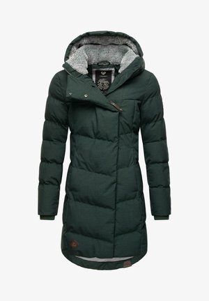 Dark green puffer coat with a textured, gray fleece-lined hood, angled zip closure, and a small side pocket. Ribbed cuffs and side accents.