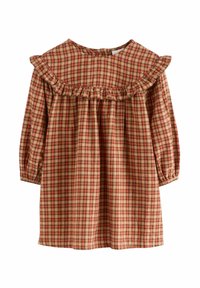 Rotes und beiges Karo-Kleid mit langen Ärmeln, gerafftem Ausschnitt und eingeschnürter Taille. Hergestellt aus leichtem Baumwollstoff.