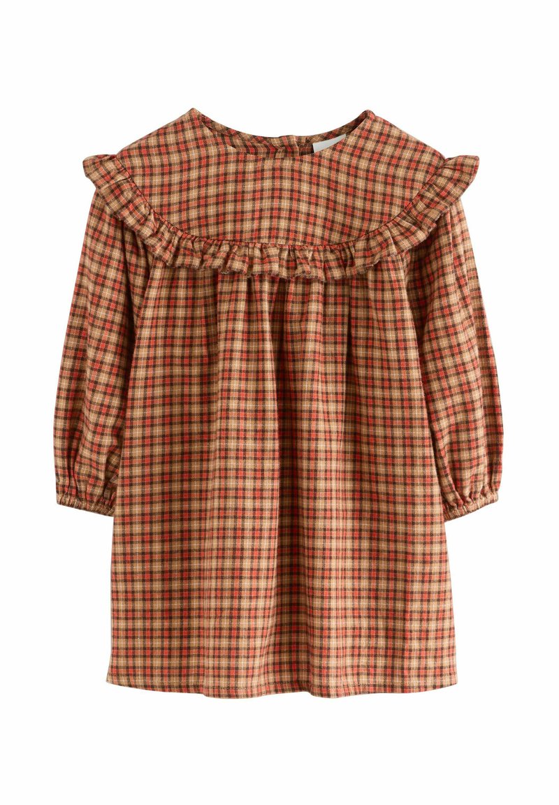 Rotes und beiges Karo-Kleid mit langen Ärmeln, gerafftem Ausschnitt und eingeschnürter Taille. Hergestellt aus leichtem Baumwollstoff.