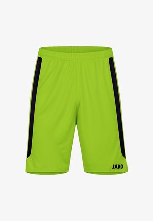 Neon grüne Sportschorts mit schwarzen Mesh-Seitenpaneelen, elastischem Bund und "JAKO"-Logo auf der unteren rechten Seite. Leichtes Material.