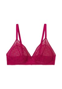 Bralette en dentelle de fuchsia vibrant, avec des bonnets triangulaires, de fines bretelles réglables et un motif floral complexe avec des bords en zigzag.