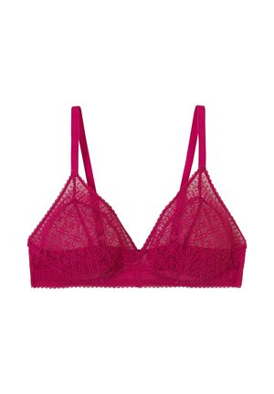 Bralette en dentelle de fuchsia vibrant, avec des bonnets triangulaires, de fines bretelles réglables et un motif floral complexe avec des bords en zigzag.