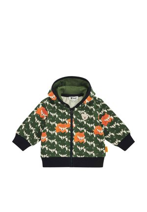 Green baby jacket with orange fox and white squirrel pattern, black cuffs and zipper, and a small bear logo on the chest.