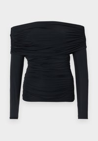 Black off-the-shoulder long-sleeve top made of ruched fabric, featuring soft texture and form-fitting silhouette with gathered details.