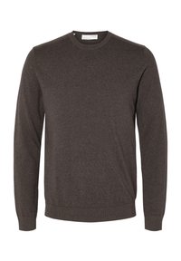 Mörkgrå stickad tröja med rund halsringning, långa ärmar och ribbade muddar och nederkant. Tillverkad av mjukt, flexibelt tyg med en slät yta.