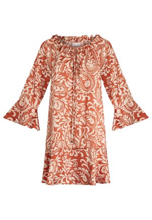 Abito fluido con scollatura arricciata, motivo paisley in ruggine e crema, maniche a campana e vestibilità rilassata, realizzato in tessuto leggero.