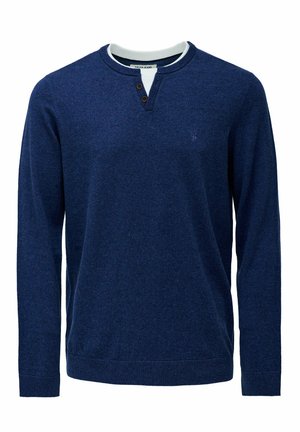 Navy blue long-sleeve henley shirt with two buttons and a white inner collar detail, made of soft knit fabric.