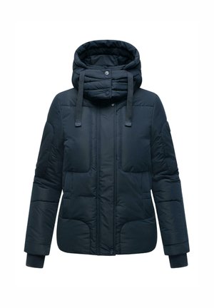 Giacca imbottita di un blu navy scuro con cappuccio regolabile, tasche frontali doppie, polsini elasticizzati e chiusura con bottoni. Il tessuto ha una superficie liscia.