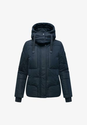 Giacca imbottita di un blu navy scuro con cappuccio regolabile, tasche frontali doppie, polsini elasticizzati e chiusura con bottoni. Il tessuto ha una superficie liscia.