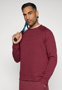 Felpa bordeaux con scollatura tonda e maniche lunghe a raglan. Presenta un testo in rilievo discreto sulla parte anteriore e una texture morbida.