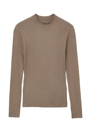 Maglione lungo a maniche lunghe marrone a coste con un collo alto, leggermente sfrangiato e una forma aderente. Realizzato in un morbido tessuto a maglia testurizzato.
