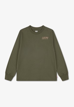 Langærmet olivengrøn trøje med rund hals og "LEVI'S" logo i beige og brun på venstre bryst.