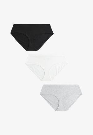 Trzy damskie majtki bikini w kolorze czarnym, białym i jasnoszarym, ułożone pionowo na białym tle.