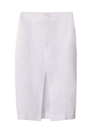 Jupe blanche longueur genoux en coton avec une fente frontale et une taille élastique. Présente des coutures discrètes et une texture douce.