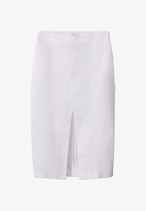 Jupe blanche longueur genoux en coton avec une fente frontale et une taille élastique. Présente des coutures discrètes et une texture douce.