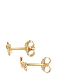 Goldfarbene-Steckerohrringe mit runder Form und einem floralen Design, ausgestattet mit einem Ohrstecker und einer glatten metallischen Oberfläche.