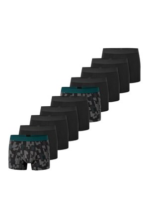 Tien paar herenboxershorts, voornamelijk zwart met twee paar met een grijs-zwart geometrisch patroon en een donkergroene tailleband.