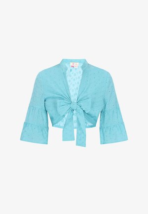 Hellblaues, kurz geschnittenes Jacket mit ausladenden Ärmeln, verziert mit Blumenstickereien, einem Bundverschluss vorne und einem runden Kragen.