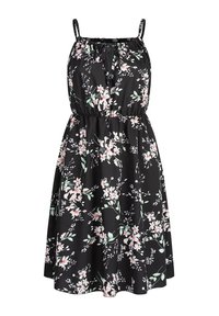 Robe noire sans manches avec motif floral rose et blanc, taille cintrée et fines bretelles réglables.