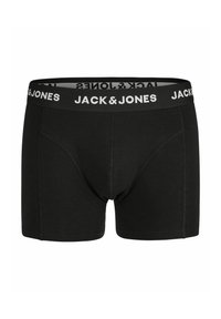 Schwarze Baumwoll-Boxershorts mit einer enganliegenden Passform, ausgestattet mit einem kontrastierenden weißen "JACK & JONES"-Logo auf dem elastischen Bund.