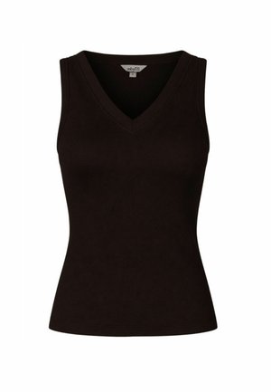 Zwart mouwloos geribd gebreid top met V-hals en getailleerde pasvorm, maat small.