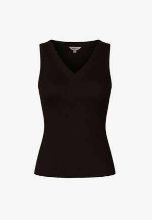 Zwart mouwloos geribd gebreid top met V-hals en getailleerde pasvorm, maat small.